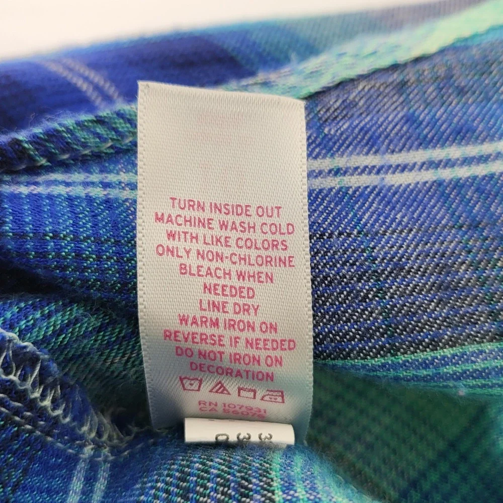 Justice Girls Blue‎ Teal Plaid Button Down Shirt Roll Tab Sleeve Size 10 Rayon